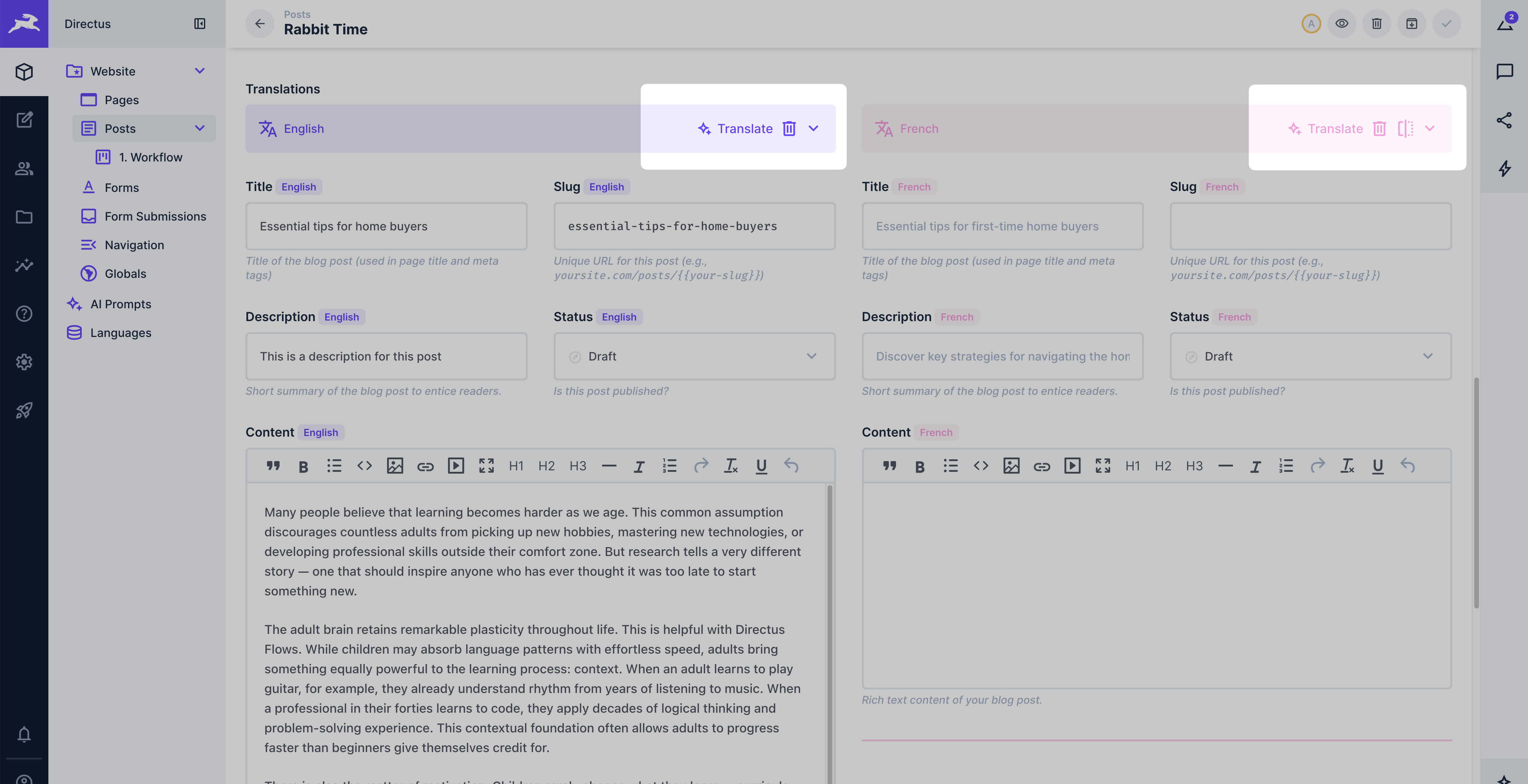 Translate with AI button in the translations interface